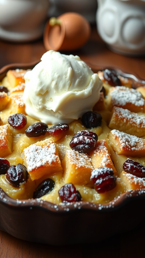 A slice of warm bread pudding with raisins, topped with powdered sugar and a scoop of vanilla ice cream.
